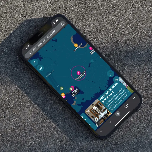Inishbofin island visitor map on a phone, showing beaches and restaurants