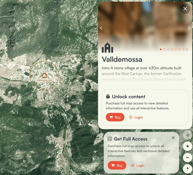 Island map showing a preview of Valldemossa and a prompt to buy full map access