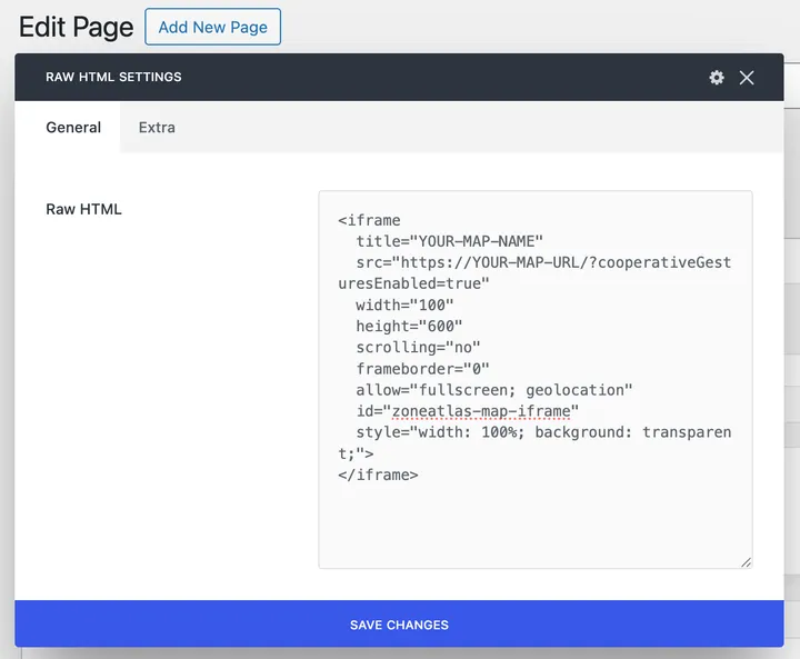 Raw HTML element settings in a WordPress page builder, with a map embed code pasted in
