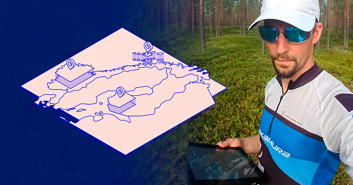 Paikkatietoasiantuntija Timo Joensuu tekemässä suunnistuskarttaa metsässä