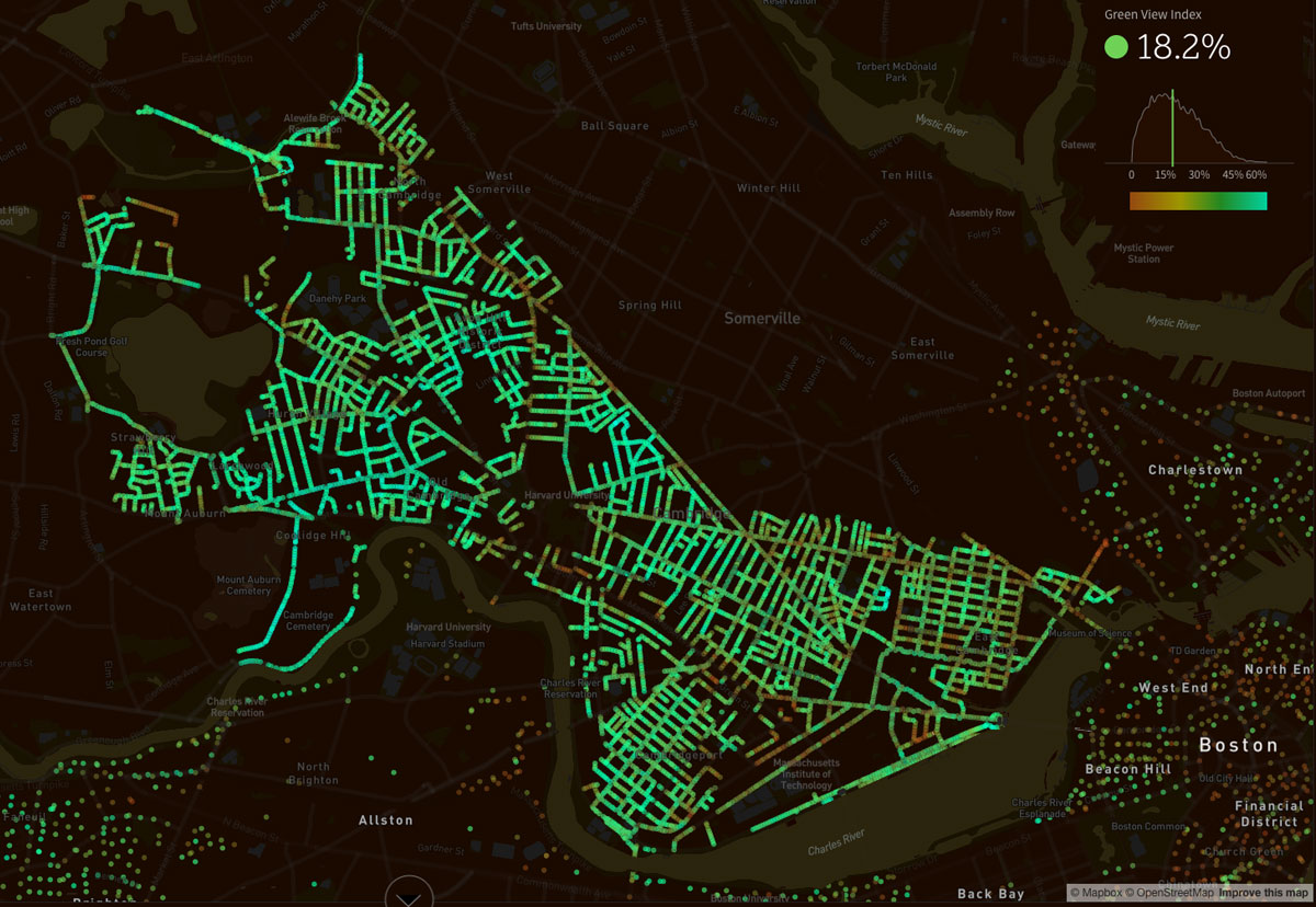 A map of Boston with trees displayed as green dots.
