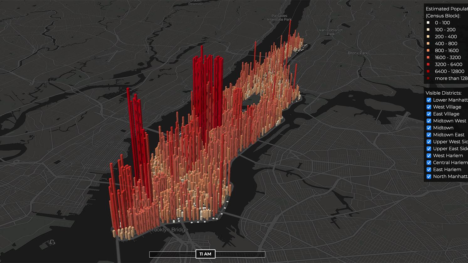 Map of Manhattan with a graph showing the estimated population of different areas