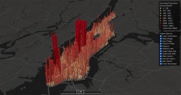 Map of Manhattan with a graph showing the estimated population of different areas