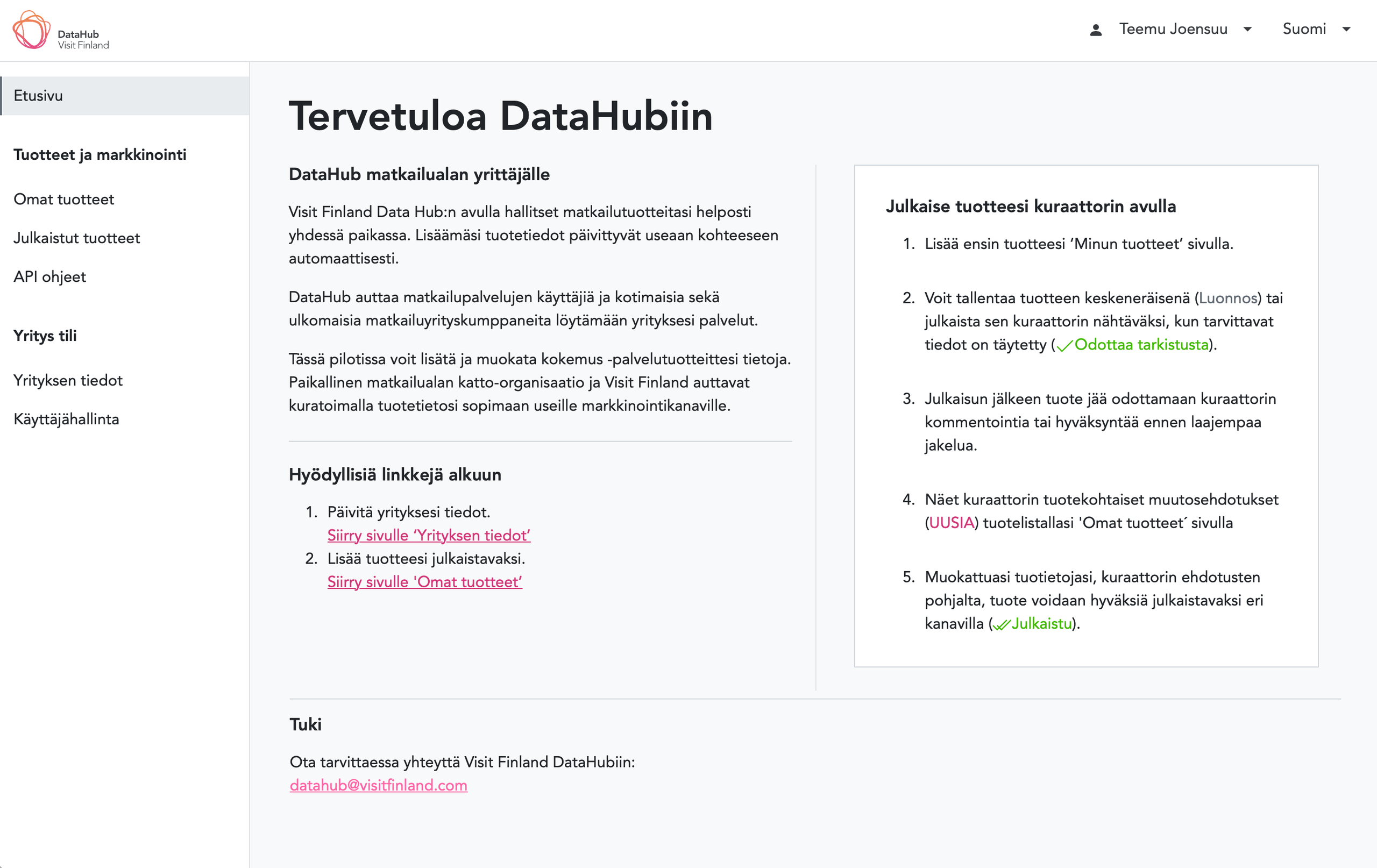 Visit Finland DataHub alkunäkymä