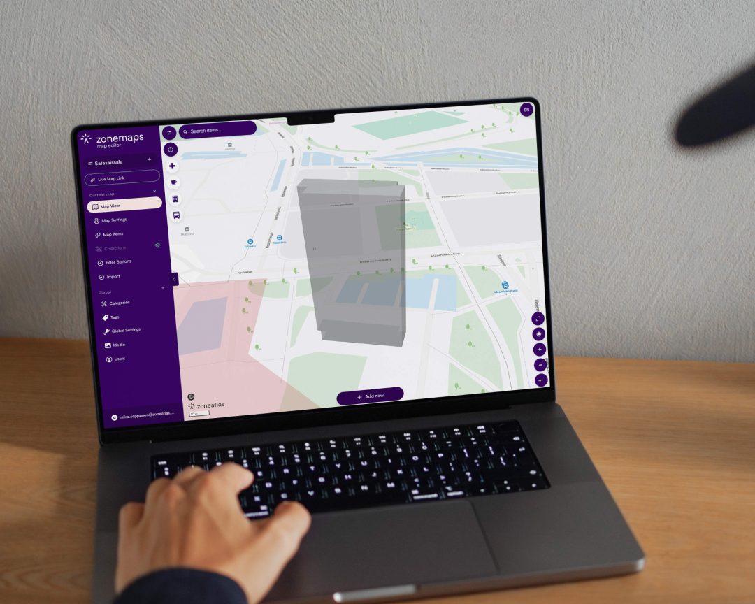 Zoneatlas Manager 3D building map editor on laptop showing indoor facility layout with interactive floor plan and navigation interface