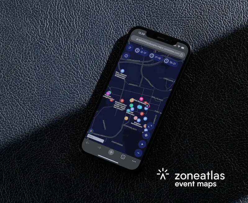 Zoneatlas event maps showing interactive festival or event venue locations with venue details and scheduling information on dark mode mobile interface