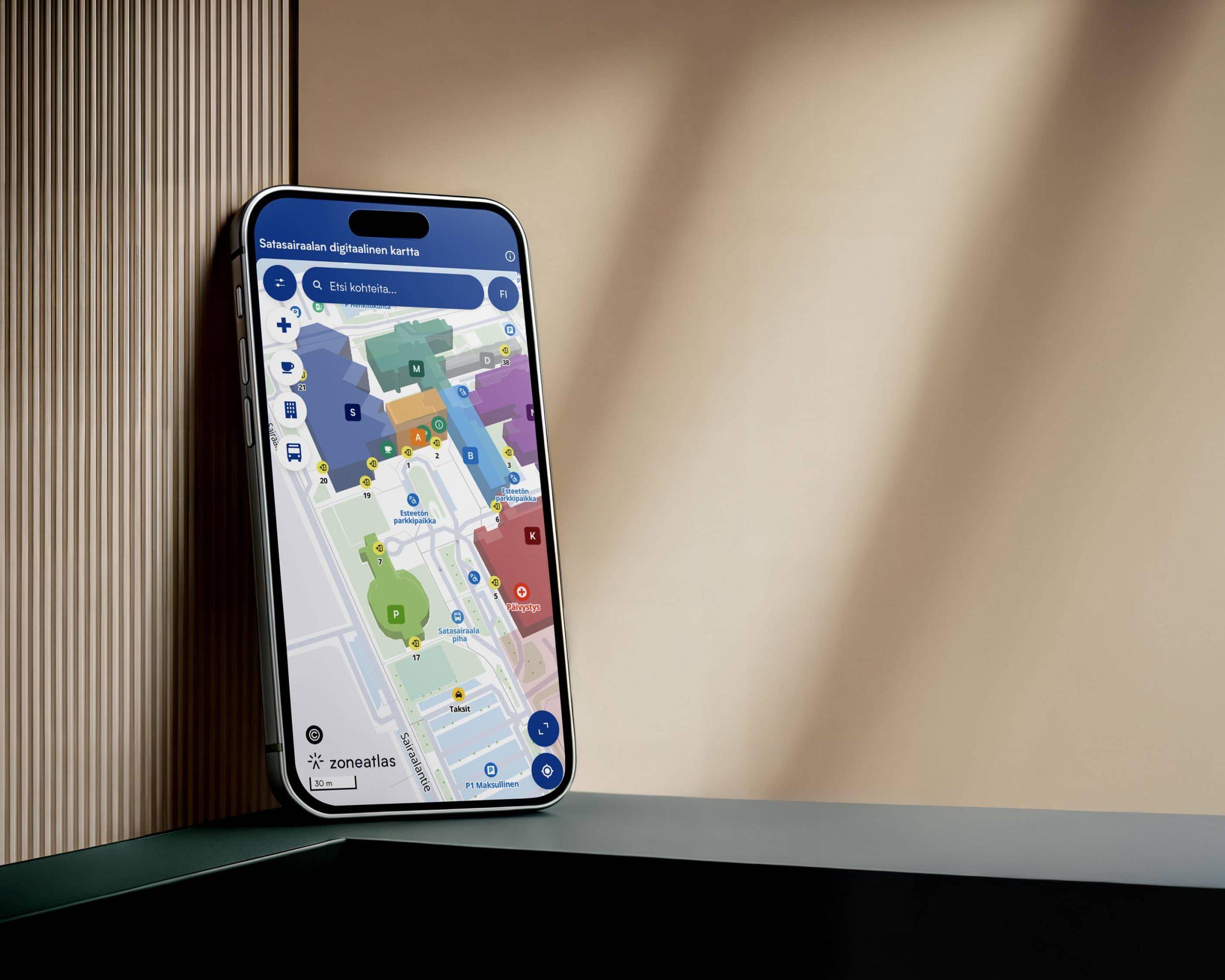 iphone-corner-100sairaala 5 Satasairaala hospital digital map app on smartphone displaying interactive building navigation and wayfinding using Zoneatlas platform