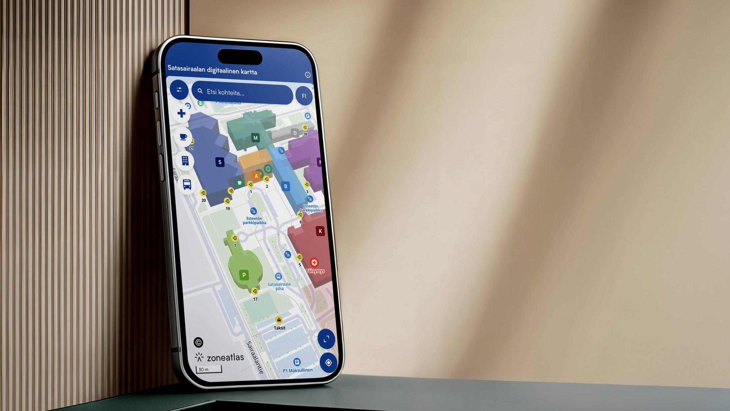 iphone-corner-100sairaala 1 Satasairaala hospital digital map app on smartphone displaying interactive building navigation and wayfinding using Zoneatlas platform