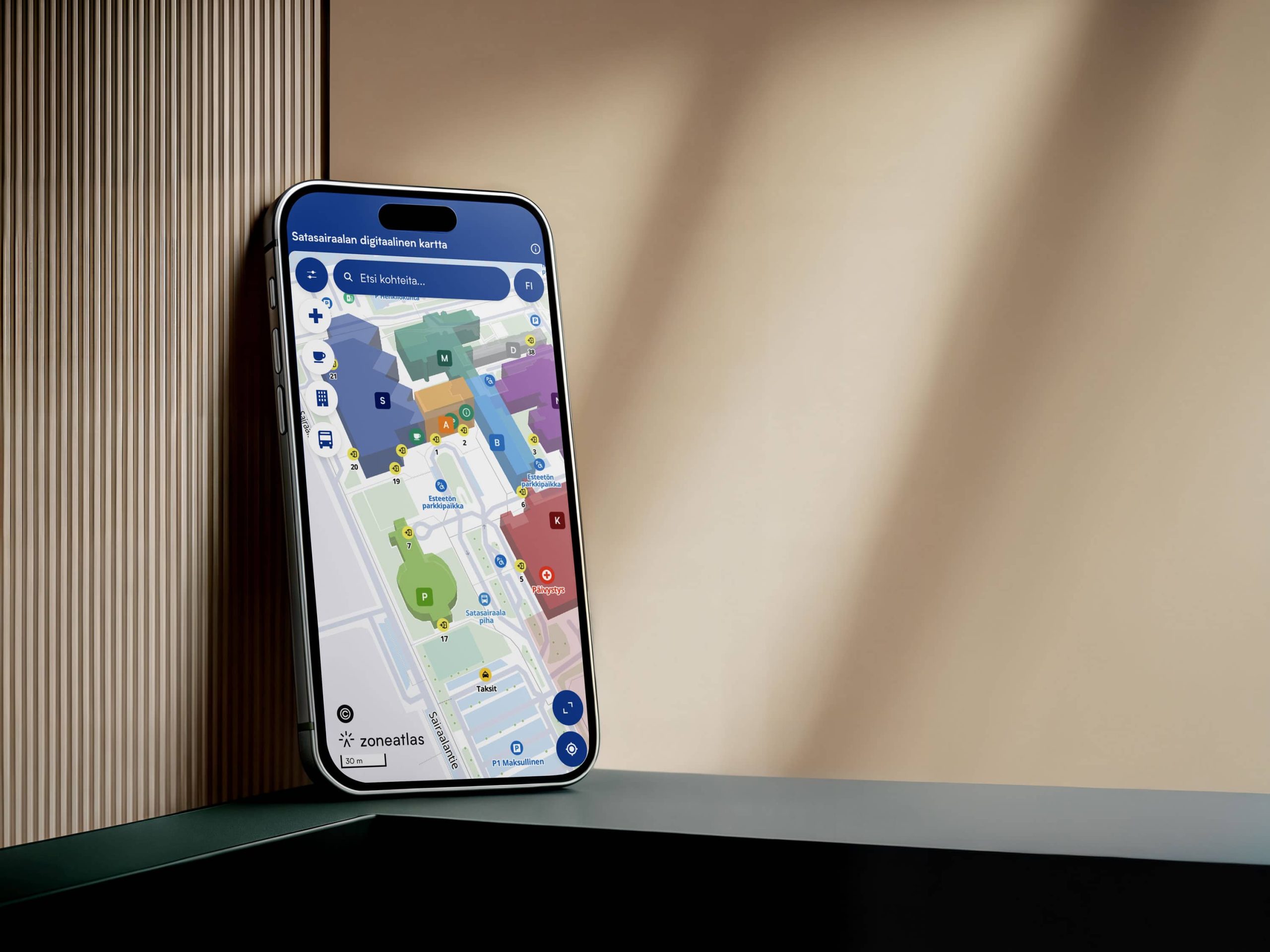 iphone-corner-100sairaala 1 Satasairaala hospital digital map app on smartphone displaying interactive building navigation and wayfinding using Zoneatlas platform