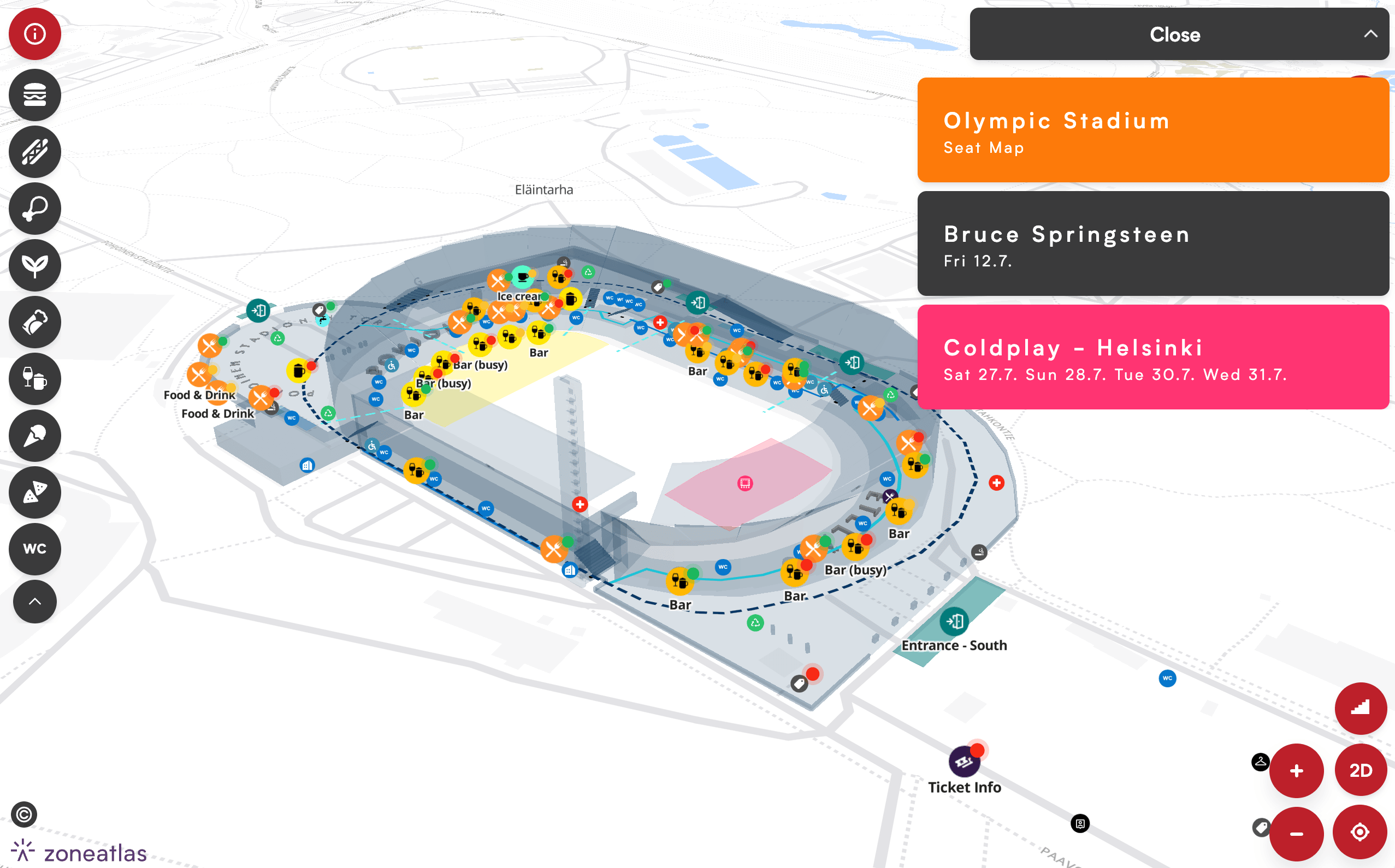 one-venue-multiple-events 8 Olympic Stadium Helsinki interactive 3D seat map with concert events, bars, food and drink venues marked using Zoneatlas platform