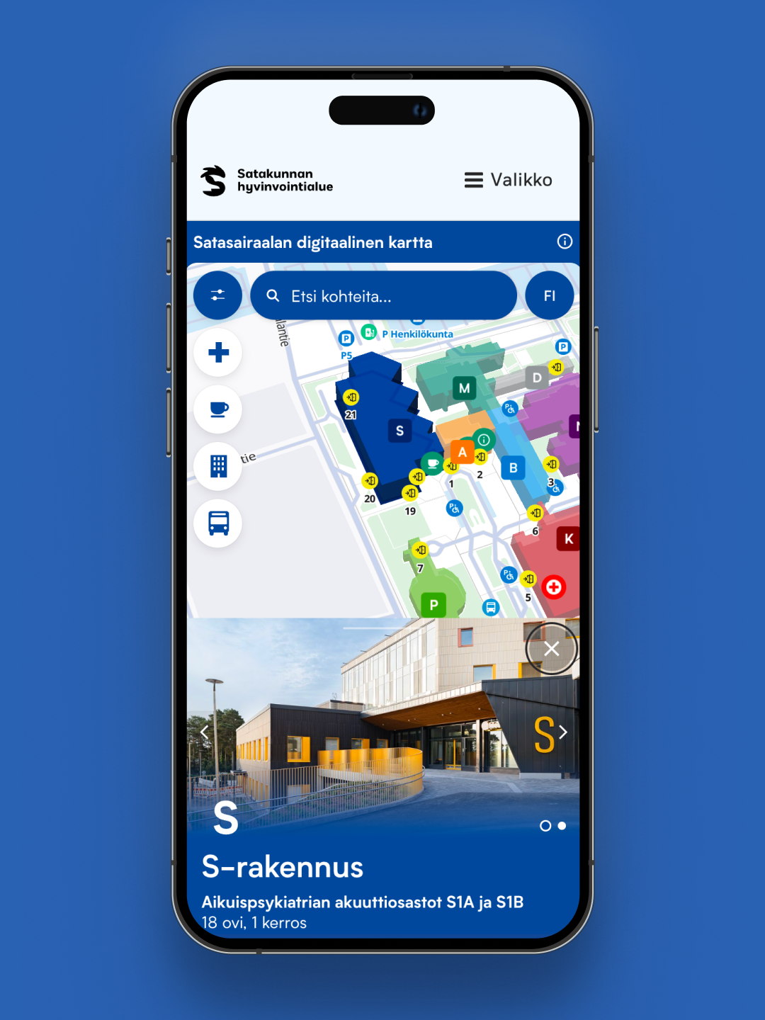 satasairaala-buildinghighlihgt-1 7 Satakunta hospital digital map on smartphone showing building layouts, departments and navigation with 3D building photos using Zoneatlas