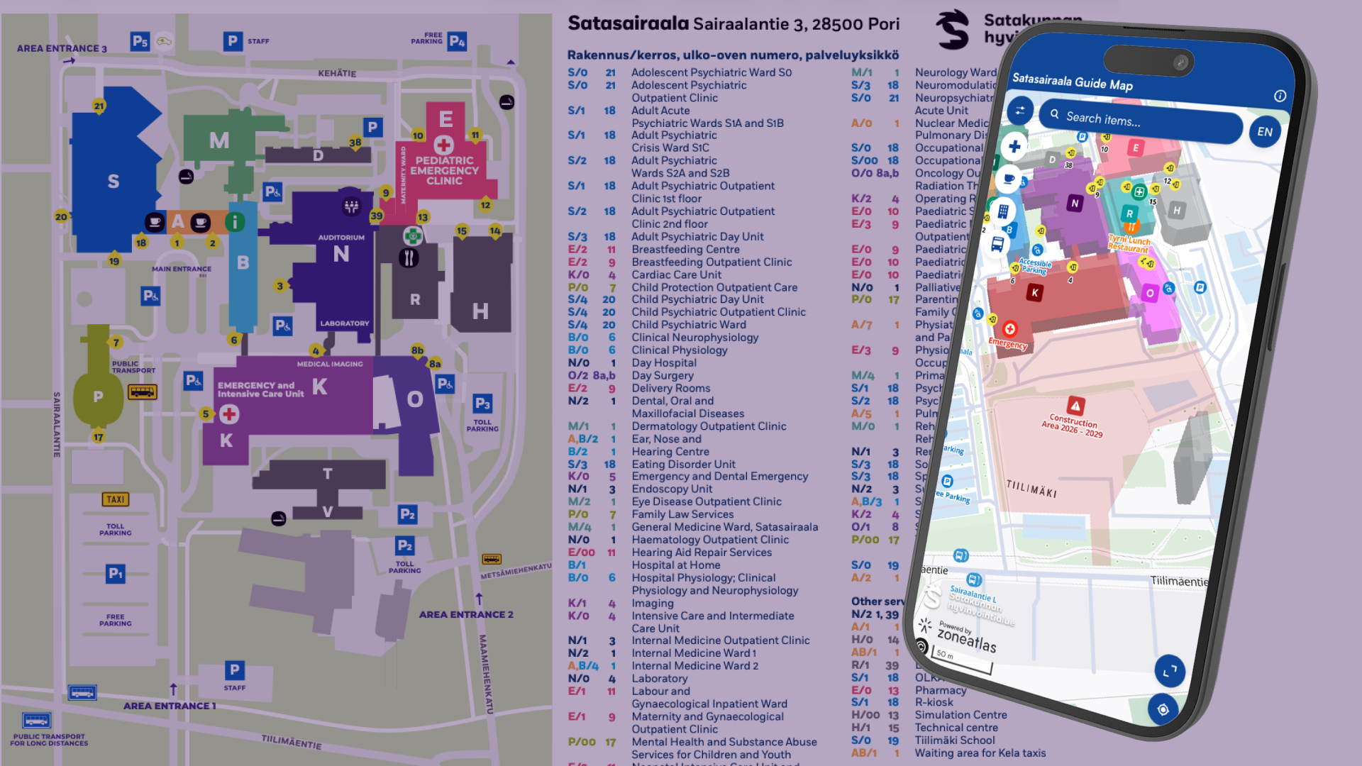 satasairaala-comparison 2 Map of Satasairaala hospital area with a digital hospital map displayed on a smartphone