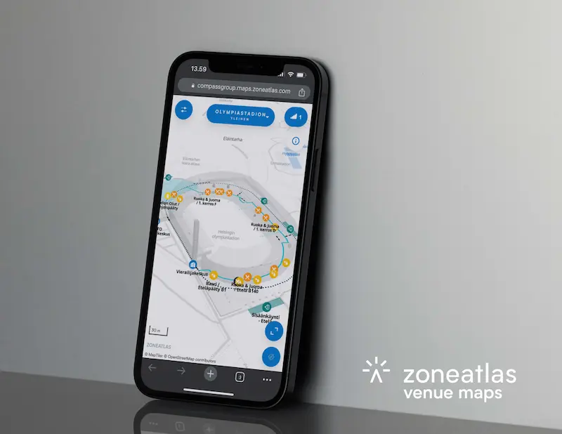 Zoneatlas venue maps for Olympic Stadium showing interactive indoor navigation with color-coded zones, facilities and information on mobile device