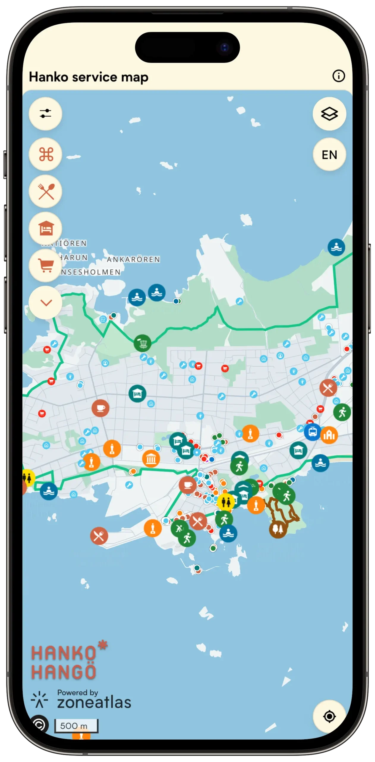 Hanko service map on a phone showing restaurants, services and a cycling route