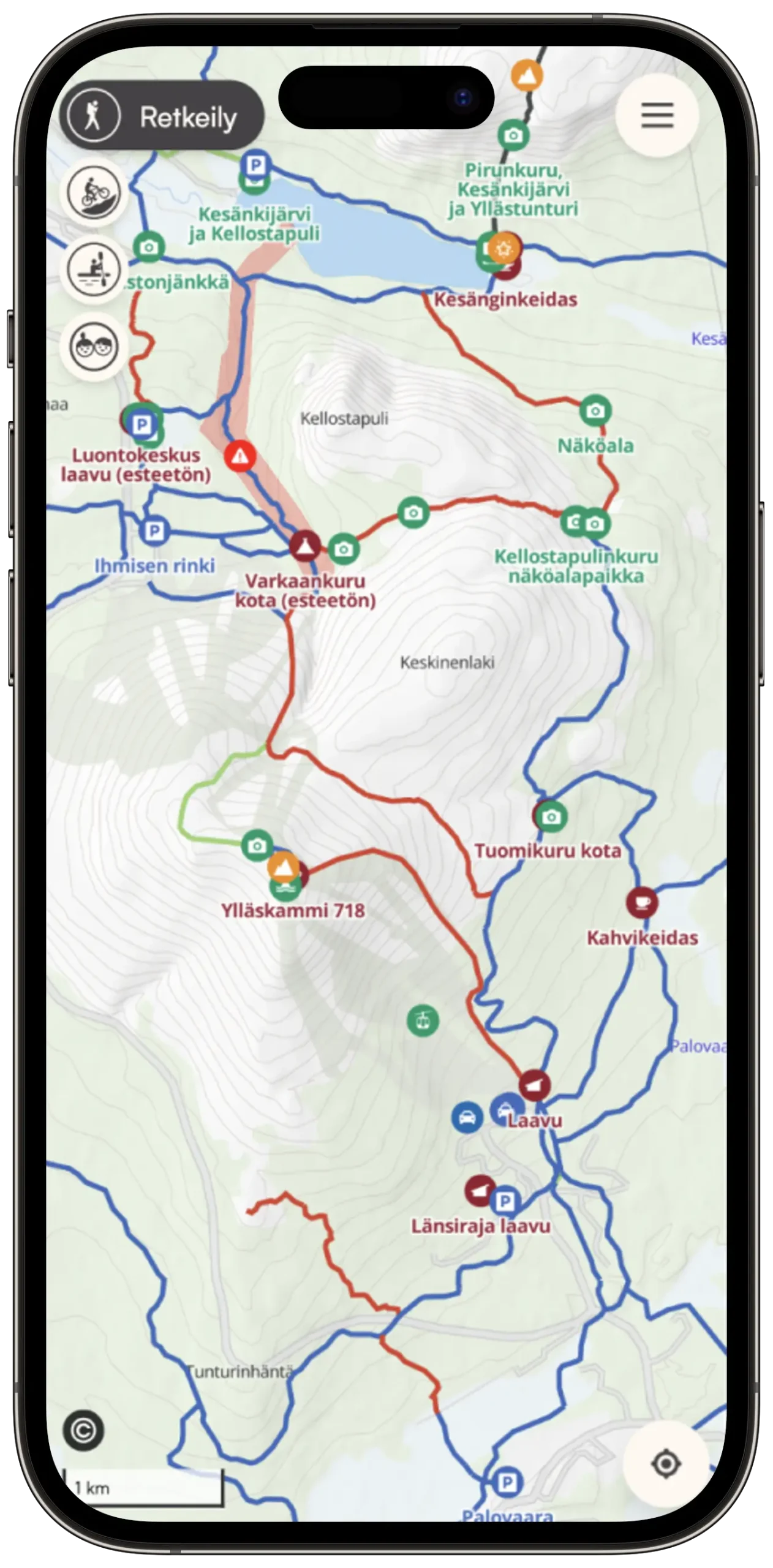 Yll&auml;s hiking trail map on a phone showing trails, huts and lean-to shelters